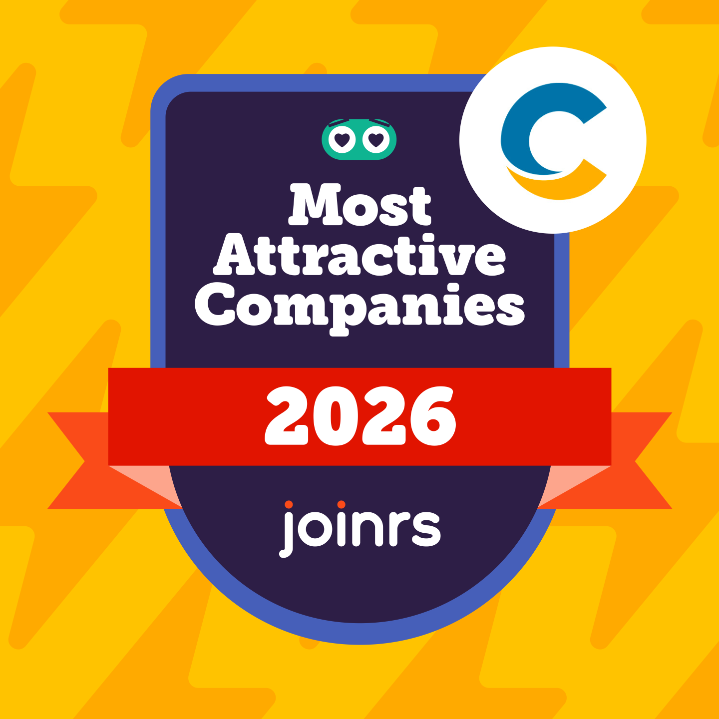 Graphic banner reading 'Most Attractive Companies 2026' with bold white text on a dark panel, a small teal mascot, and a large blue-and-white circular logo on a bright yellow background.